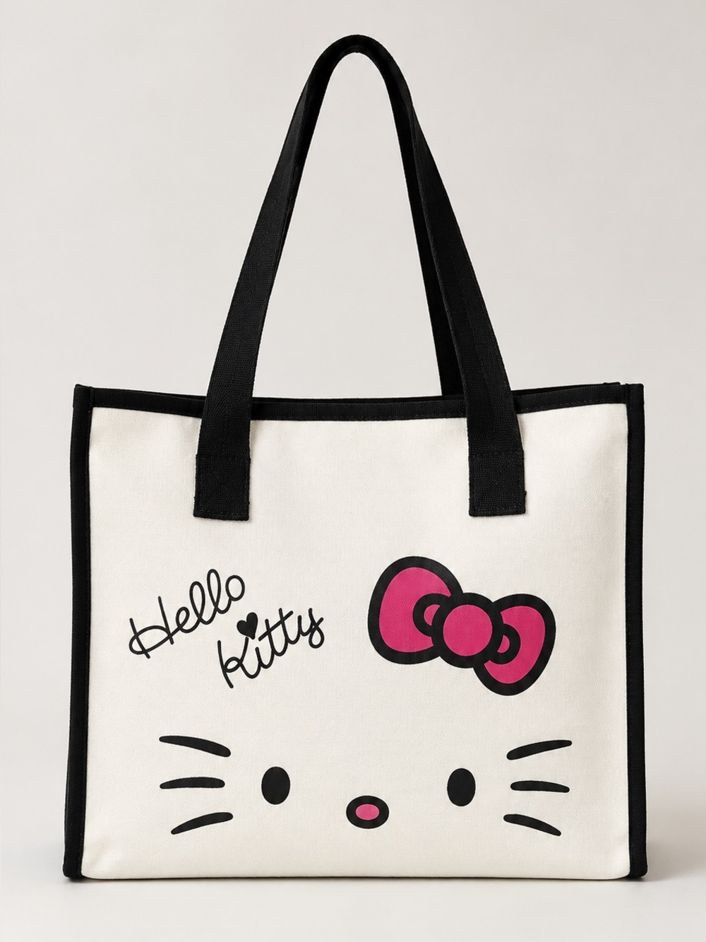 NIP Sanrio Hello Kitty Large Canvas Tote Bag Black Trim Pink Bow - Picture 1 of 6